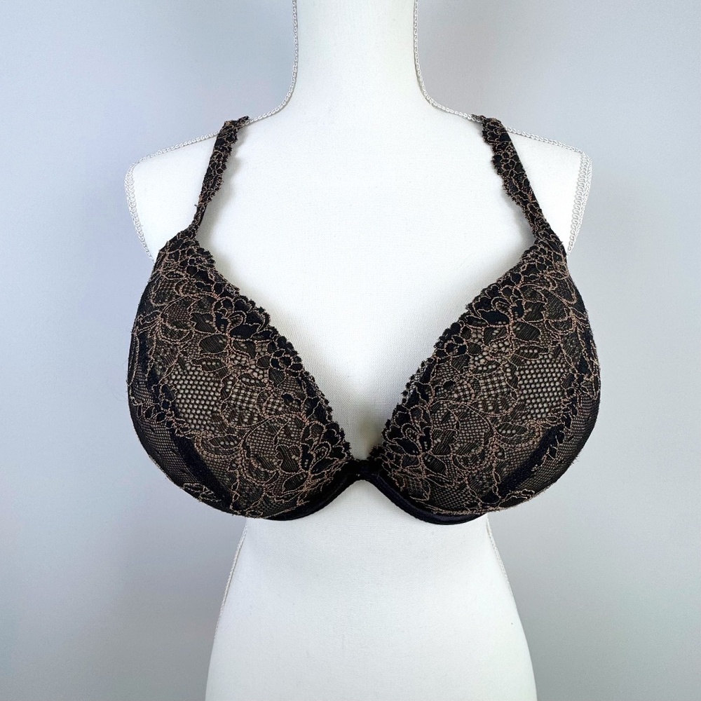 CACIQUE INTIMATES 42D Black Gold Lace Bra Back Hooks